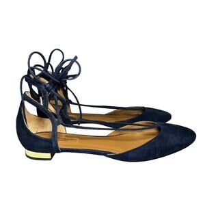 Aquazzura Blue Suede Lace Up Ankle Strap Ballet Flats Size 40